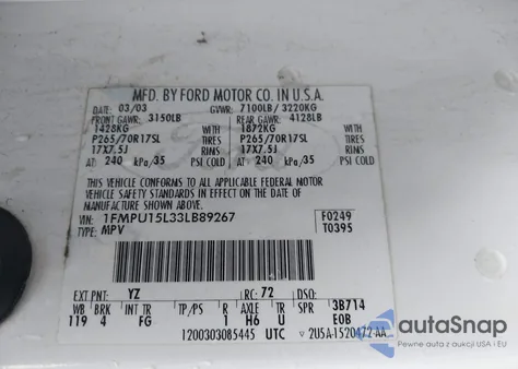 2003 Ford Expedition Xlt z USA, uszkodzony, nr VIN 1FMPU15L33LB89267